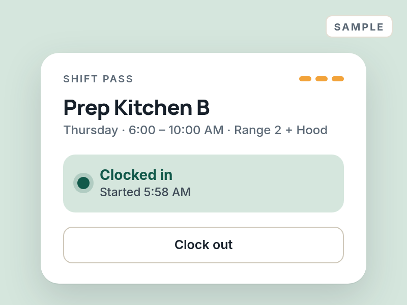 Sample shift card showing Clocked in status and a Clock out button