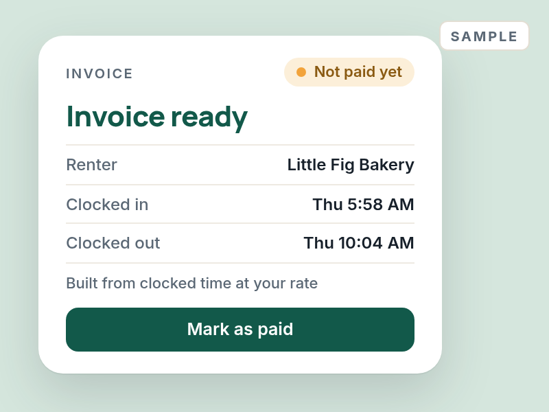 Sample invoice marked Invoice ready, built from clock-in and clock-out times, with a Mark as paid button